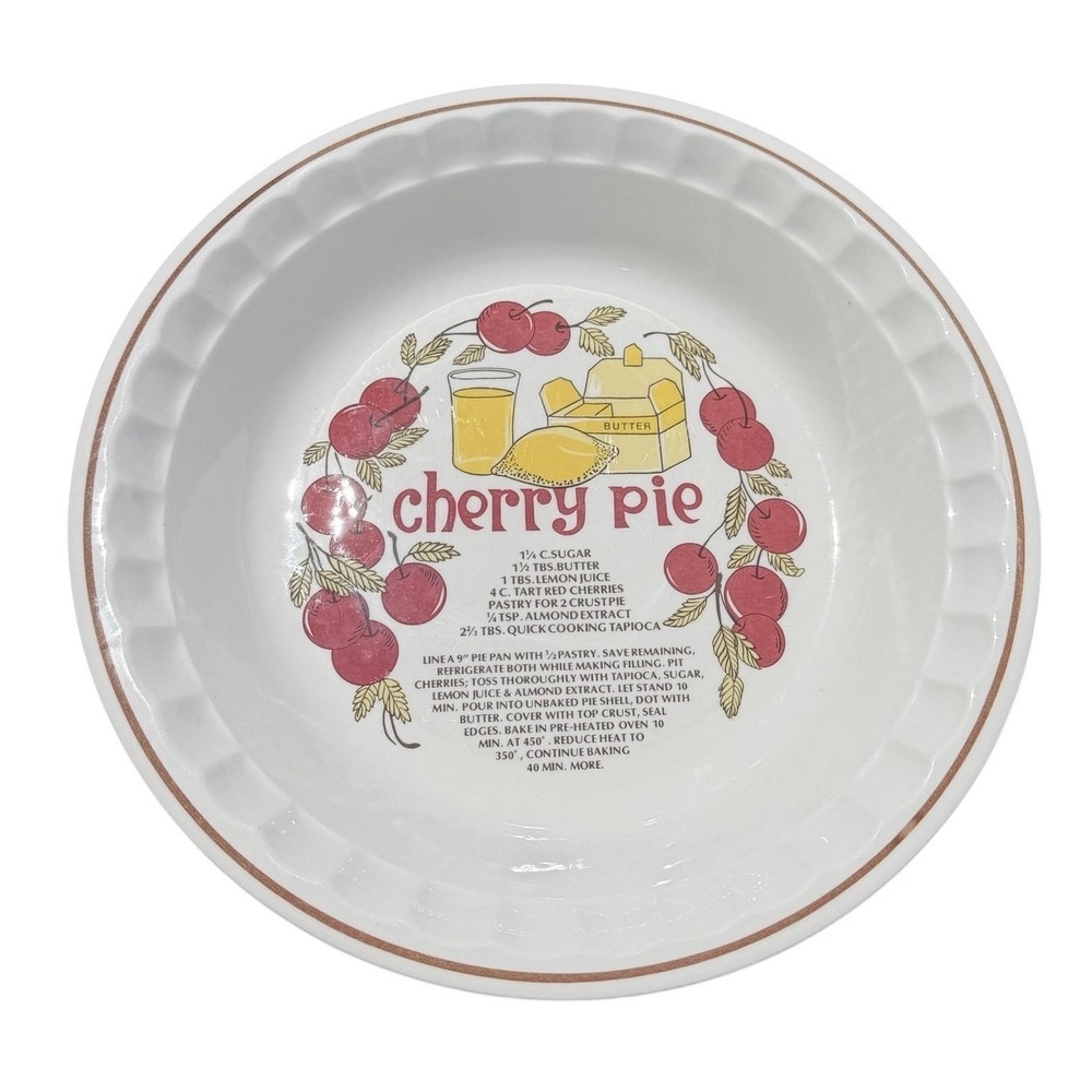 Vintage Hankook Cherry Pie Recipe Stoneware Deep Dish Pie Plate 10.75" Oven Safe